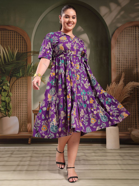 Stylum Floral Printed Shirt Collar Midi Plus Size Dress