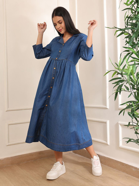 Aanyor Shirt Collar Gathered Or Pleated Maternity Shirt Midi Cotton Denim Dress