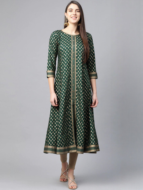 KALINI Women Green Viscose Rayon Printed A-Line Kurtas