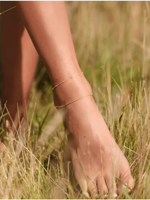 DIMPLERY Stainless Steel Gold-Plated Beaded Layered Anklets