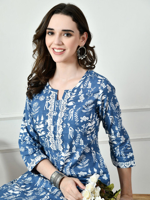 Vaimiya Floral Printed Notch Neck Cotton Straight Kurta