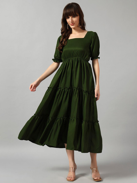 Raiyani Enterprise Puff Sleeve Square Neck Tiered Fit & Flare Midi Dress