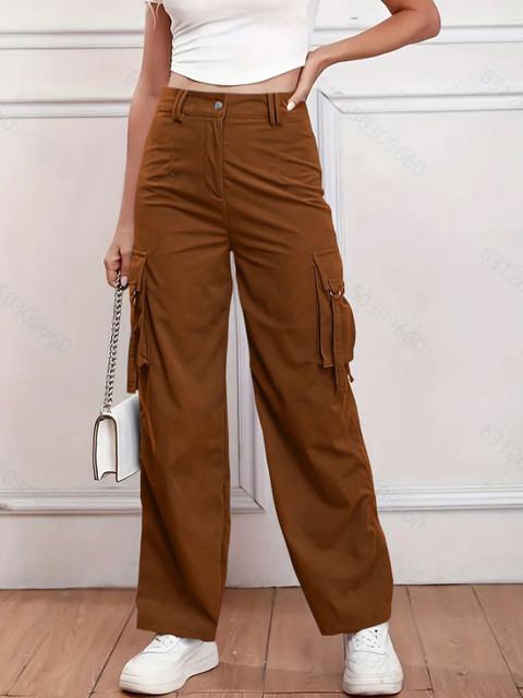 HERE&NOW Women Brown Cotton Solid Cargos