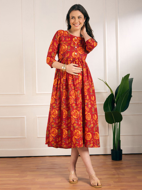 Aanyor Floral Printed Gathered Or Pleated Maternity Fit And Flare Midi Cotton Dress
