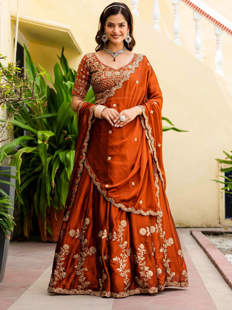DREAM EXPORTER Embroidered Semi-Stitched Lehenga & Unstitched Blouse With Dupatta