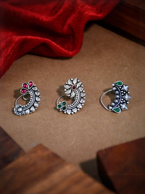 NAMAN ARTS Set Of 3 Silver Plated Artificial Stones Studded Maharashtrian Stud Nosepins