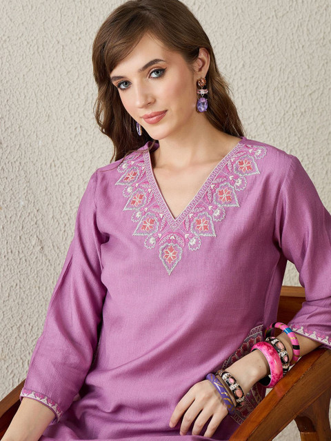 Indo Era Embroidered V-Neck Tunic With Trouser