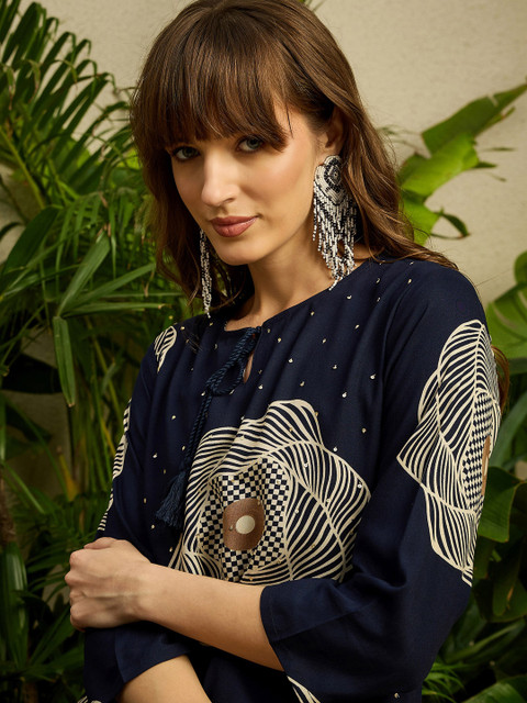 Indo Era Geometric Printed Round Neck Top With Trousers Co-Ords