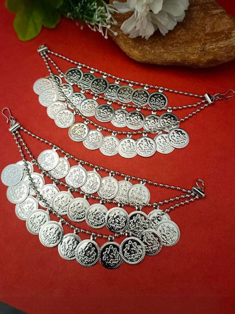 Sanjog German Silver-Plated Artificial Beaded Circular Shaped Oxidised Earchains