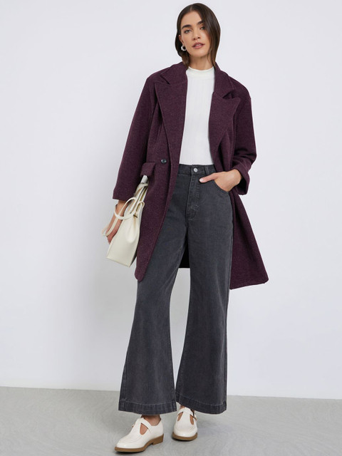 Styli Women Woolen Notched Lapel Collared Double Breasted Longline Trench Coat