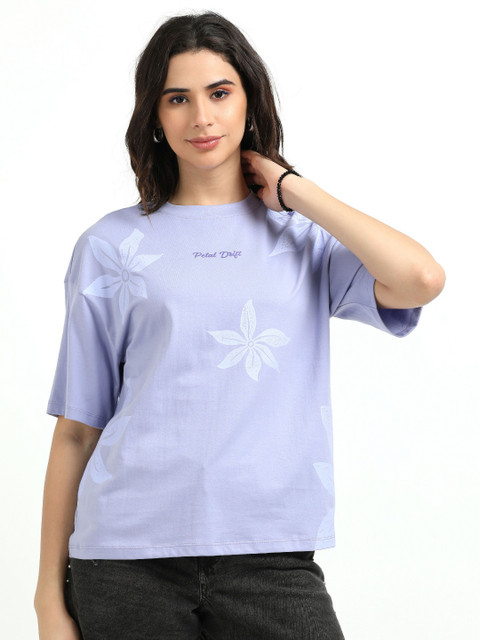 glitchez Floral Printed Round Neck Drop-Shoulder Sleeves Cotton Oversized T-Shirt