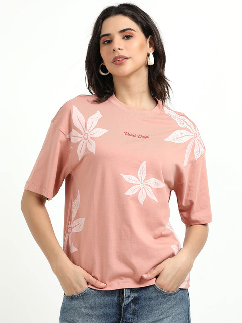 glitchez Floral Printed Round Neck Drop-Shoulder Sleeves Cotton Oversized T-Shirt