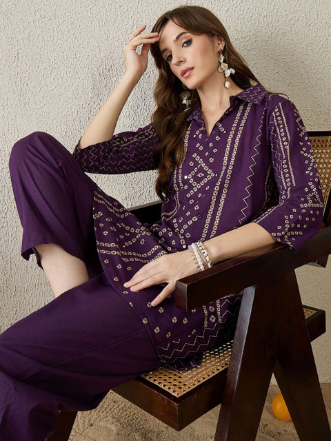 Indo Era Bhandani Printed Pure Cotton Shirt Collar Top With Trousers Co-Ords