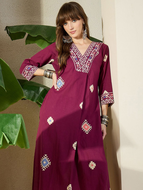 Indo Era Printed Pure Cotton V-Neck Top With Trousers