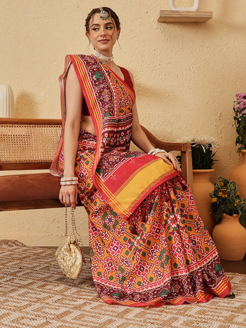 Silk Land Ethnic Motifs Printed Zari Patola Saree - Image 3