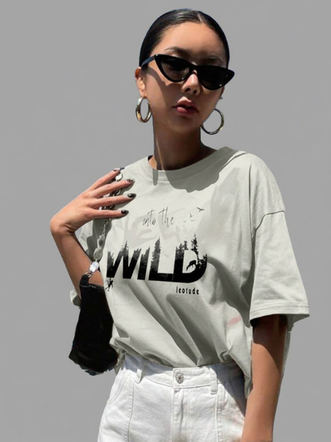 Leotude Women Typography Printed Round Neck Cotton Oversized T-shirt