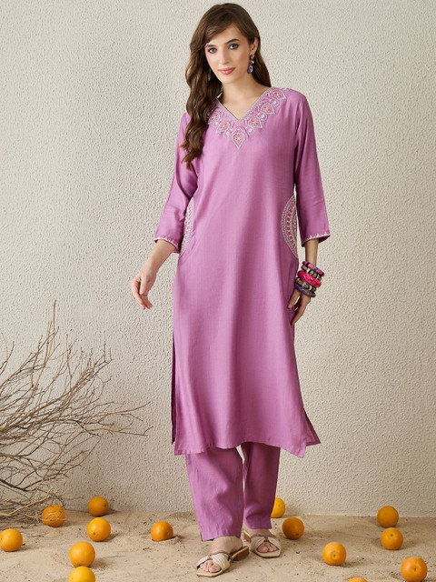 Indo Era Embroidered V-Neck Tunic With Trouser - Image 2