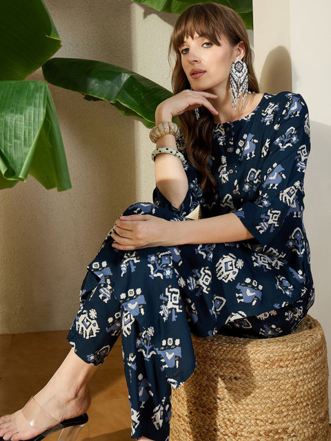 Indo Era Printed Round Neck Tunic With Trouser - Image 6