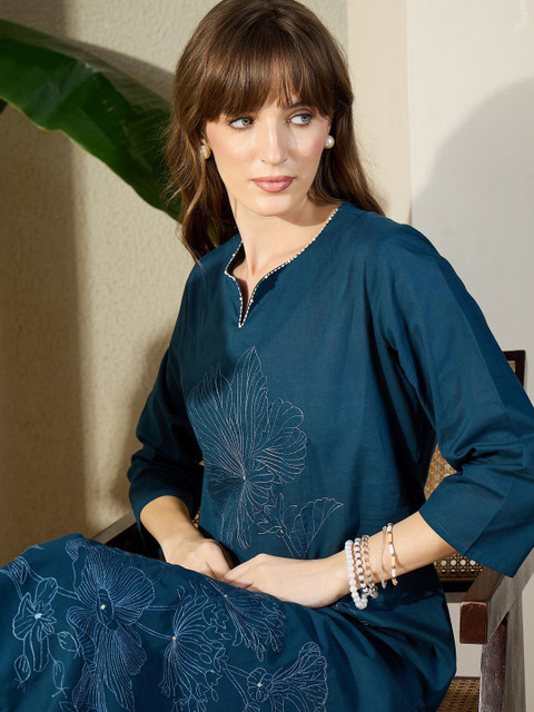 Indo Era Embroidered Pure Cotton Top With Trousers