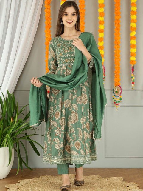 Anouk Women Floral Printed Thread Work Chanderi Silk Kurta with Trousers & Dupatta