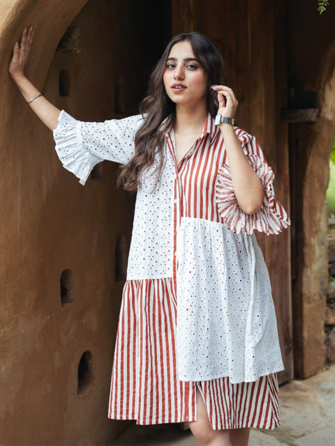 Satnam Handicrafts Striped Flared Sleeve Ruffled Above Knee Shirt Dress