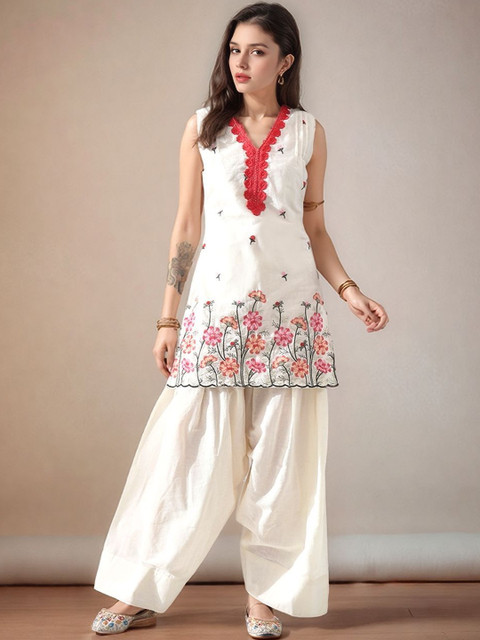 Sangria Floral Embroidered V-Neck Thread Work Pure Cotton Straight Kurta With Patiala