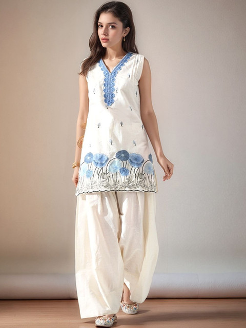 Sangria Floral Embroidered Thread Work Pure Cotton Straight Kurta with Patiala