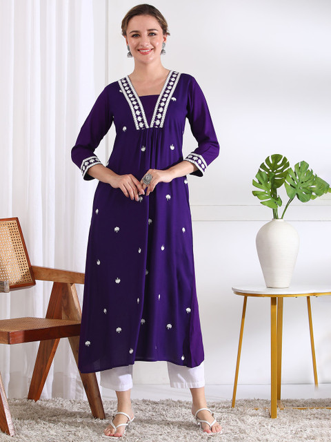 ANANDITA Floral Embroidered Thread Work A-Line urta