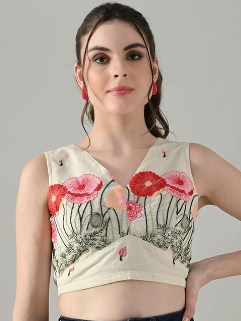Myshka Women Floral Embroidered Cotton Blouson Crop Top