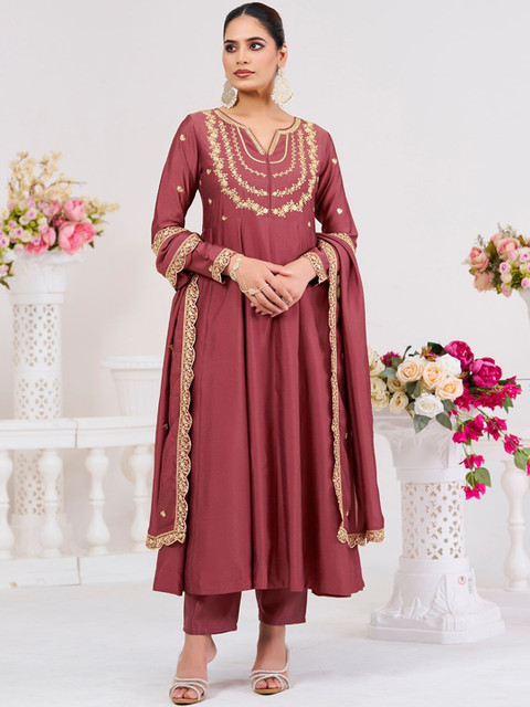 MOKOSH Women Ethnic Motifs Embroidered A-Line Kurta with Trousers & Dupatta