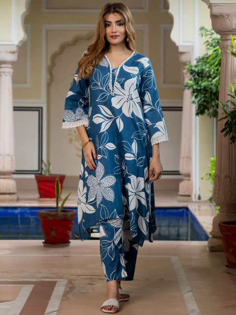Jaitpuriya Floral Printed V-Neck Pure Cotton Tunic With Trousers