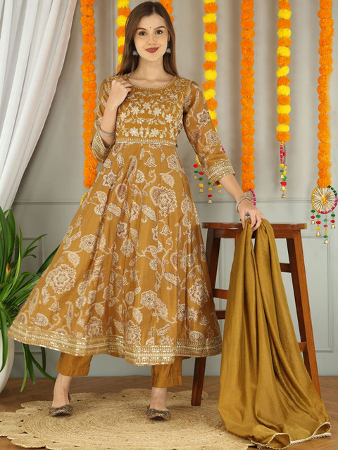 Anouk Printed Panelled Thread Work Chanderi Silk Anarkali Kurta With Trousers & Dupatta