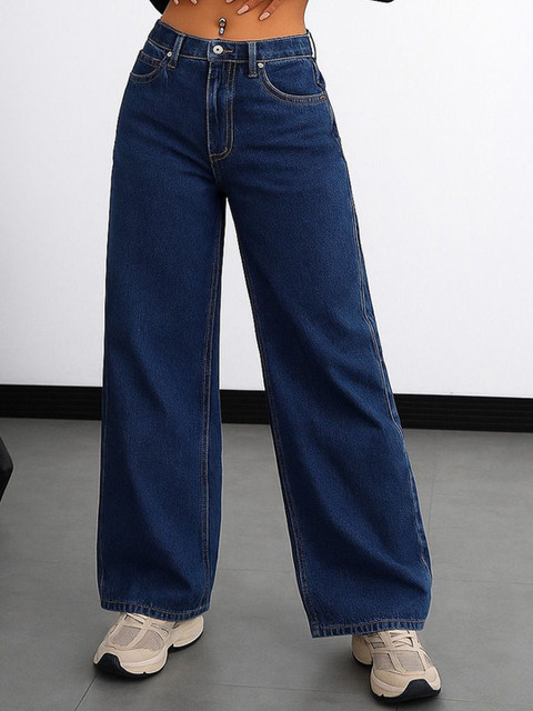 KASHIAN Women Loose Wide Leg High-Rise Clean Look Jeans