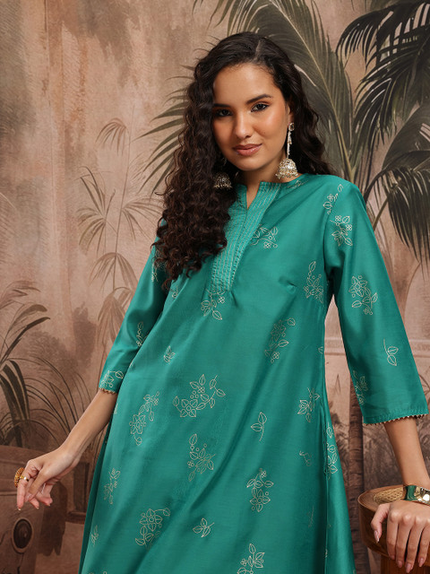 Sangria Floral Foil Printed A-Line Kurta with Trousers