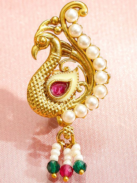 Rubans 22K Gold-Plated Kundan Studded And Pearls Beaded Peacock Shaped Stud Nosepin