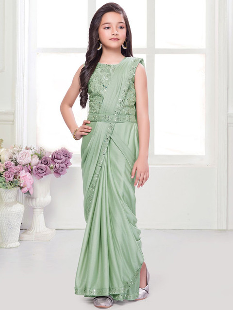 Ministitch Girls Sequinned Embellished Saree With Blouse