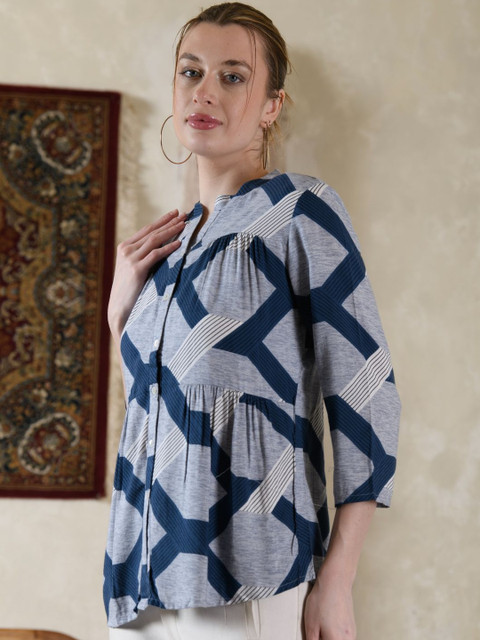 Saraj Women Abstract Print Mandarin Collar Top