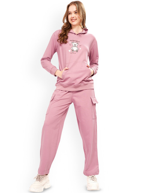 WEET Women Graphic Printed Mid-Rise Regular Hoodie & Cargo Pocket Track Suit
