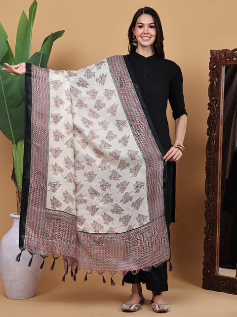 LOOM LEGACY Ethnic Motifs Printed Fringed Dupatta
