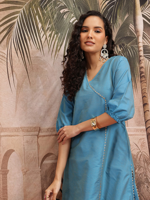 Sangria Gotta Patti Detail V-Neck Puff Sleeves Festive Angrakha Style Kurta