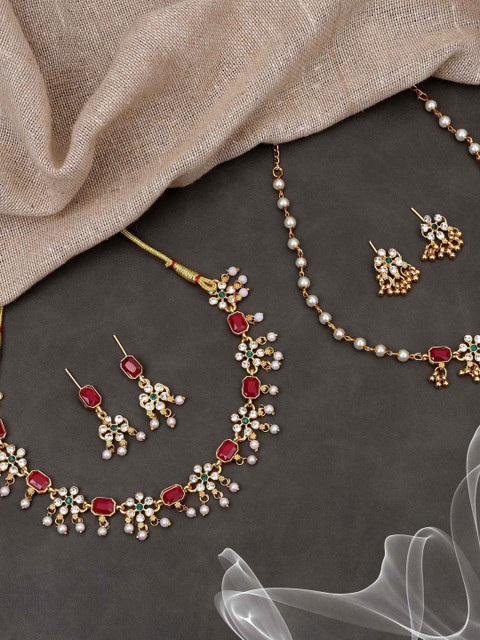 JEVIA FASHION Set Of 2 Gold-Plated American Diamond Stone Studded & beaded Jewellery Set