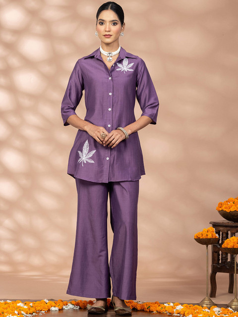 WineRed Embroidered Shirt Collar Shirt With Palazzo