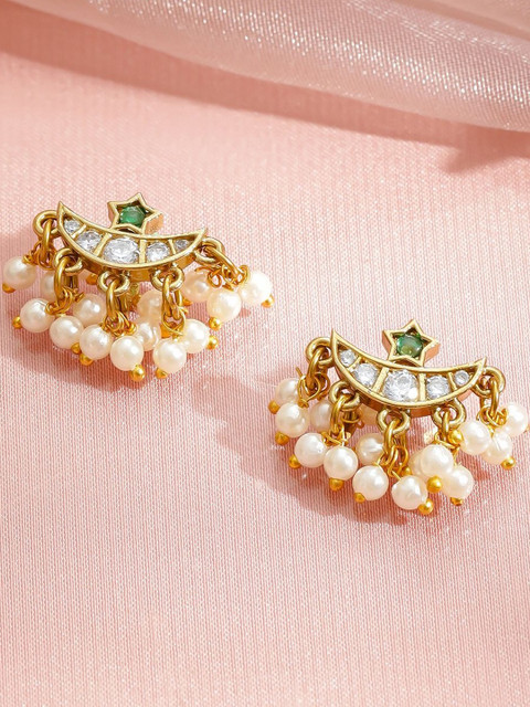 Rubans 22K Gold-Plated Emerald & Cubic Zirconia Studded Crescent Shaped Ear Cuff