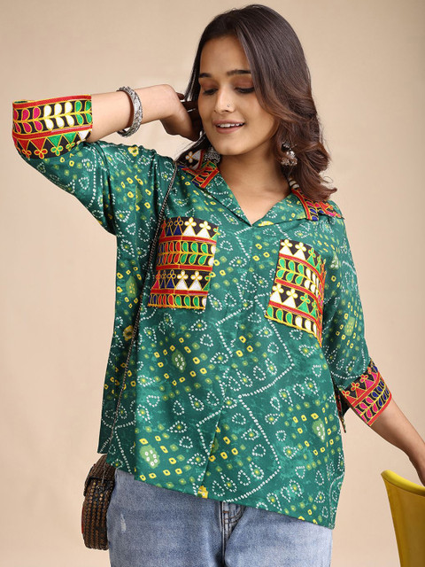Youthnic Women's Bandhani Printed & Embroidered Relaxed Fit Pocket Boxy Shirt Style Top