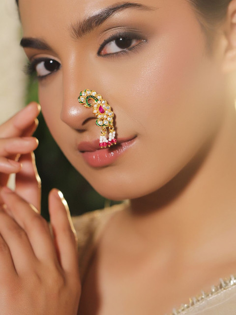Rubans 22K Gold-Plated Kundan Studded Enamelled Stud Nosepin