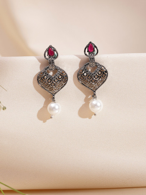 ADIVA Rhodium-Plated Cubic Zirconia Studded Studded And Pearls Beaded Drop Earrings