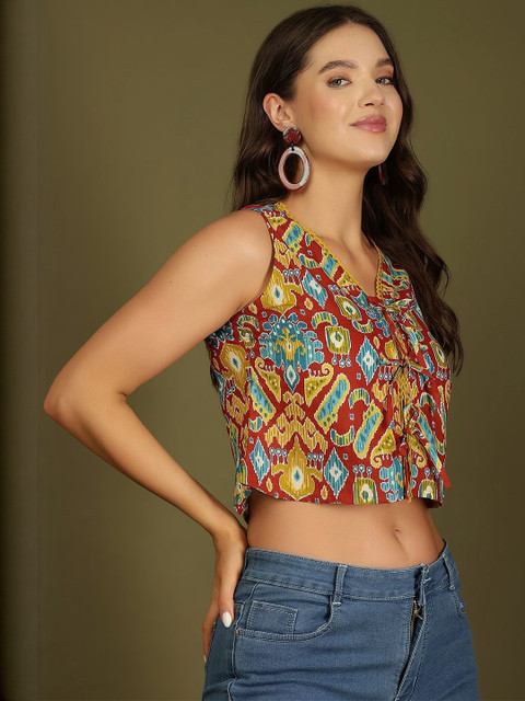 KEIYONA Women Ethnic Motif Printed Sleeveless Cotton Crop Top