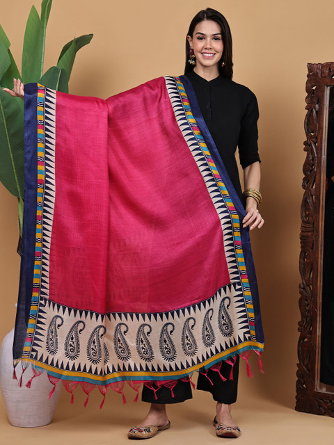 LOOM LEGACY Ethnic Motifs Printed Fringed Dupatta