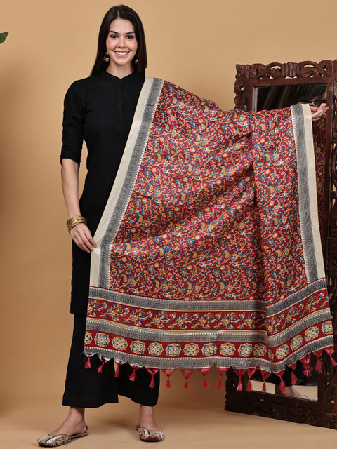 LOOM LEGACY Ethnic Motifs Printed Fringed Dupatta