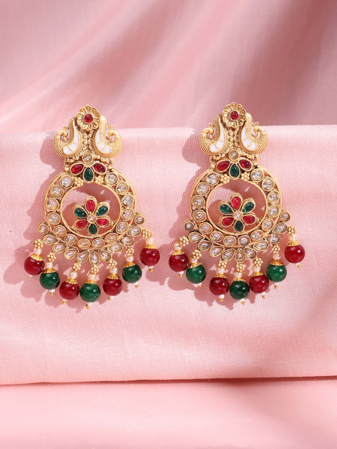 ADIVA 22K Gold-Plated Kundan & Glossy Multi-coloured Studded & Beaded Drop Earrings